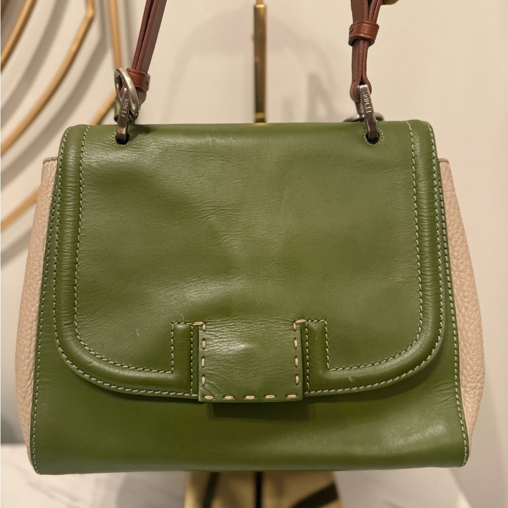Fendi Green and Beige Leather Shoulder Bag